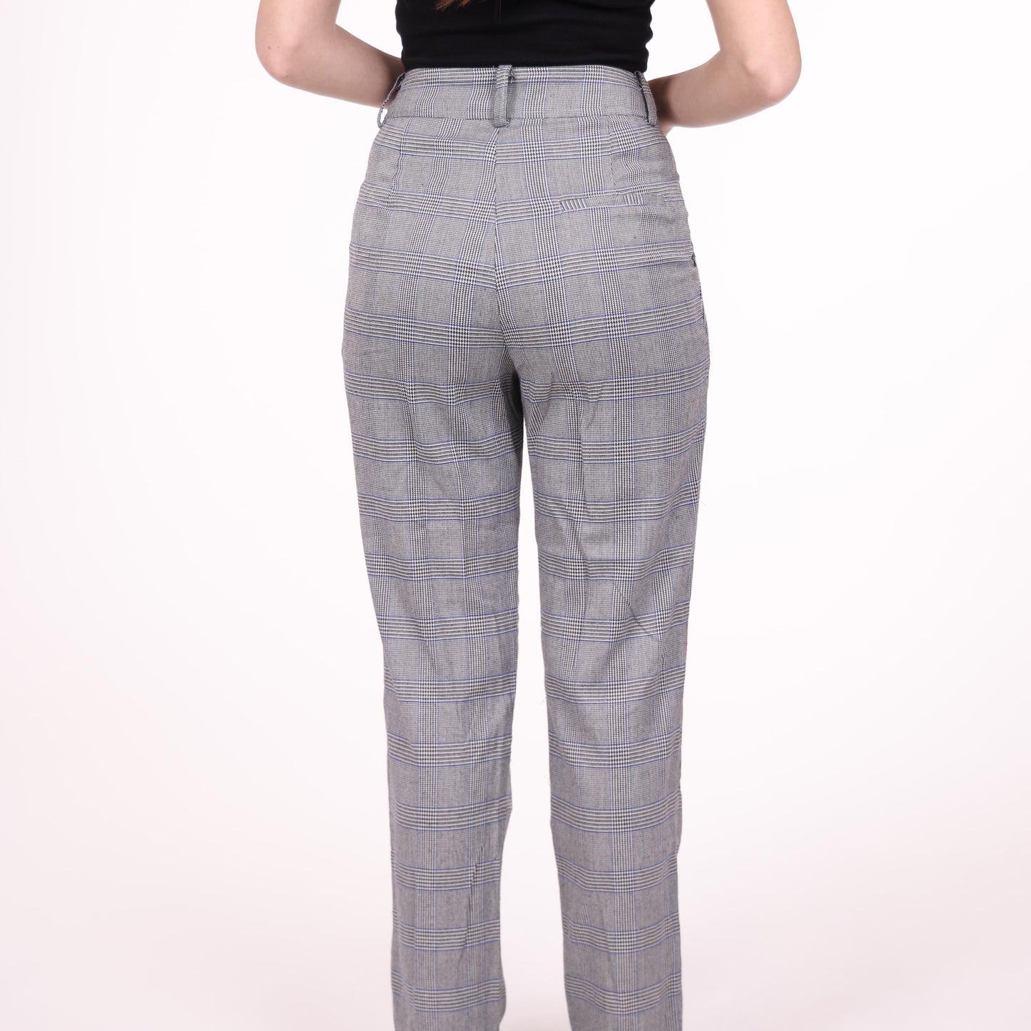 High-Waisted Gray Plaid Tailored Pants