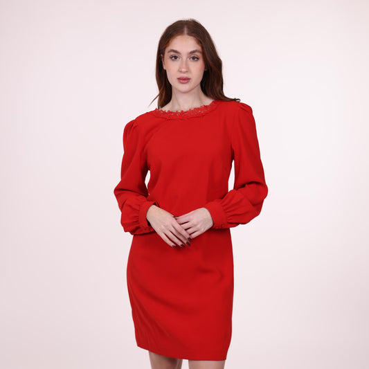 Red Long-Sleeve Dress with Lace Detail