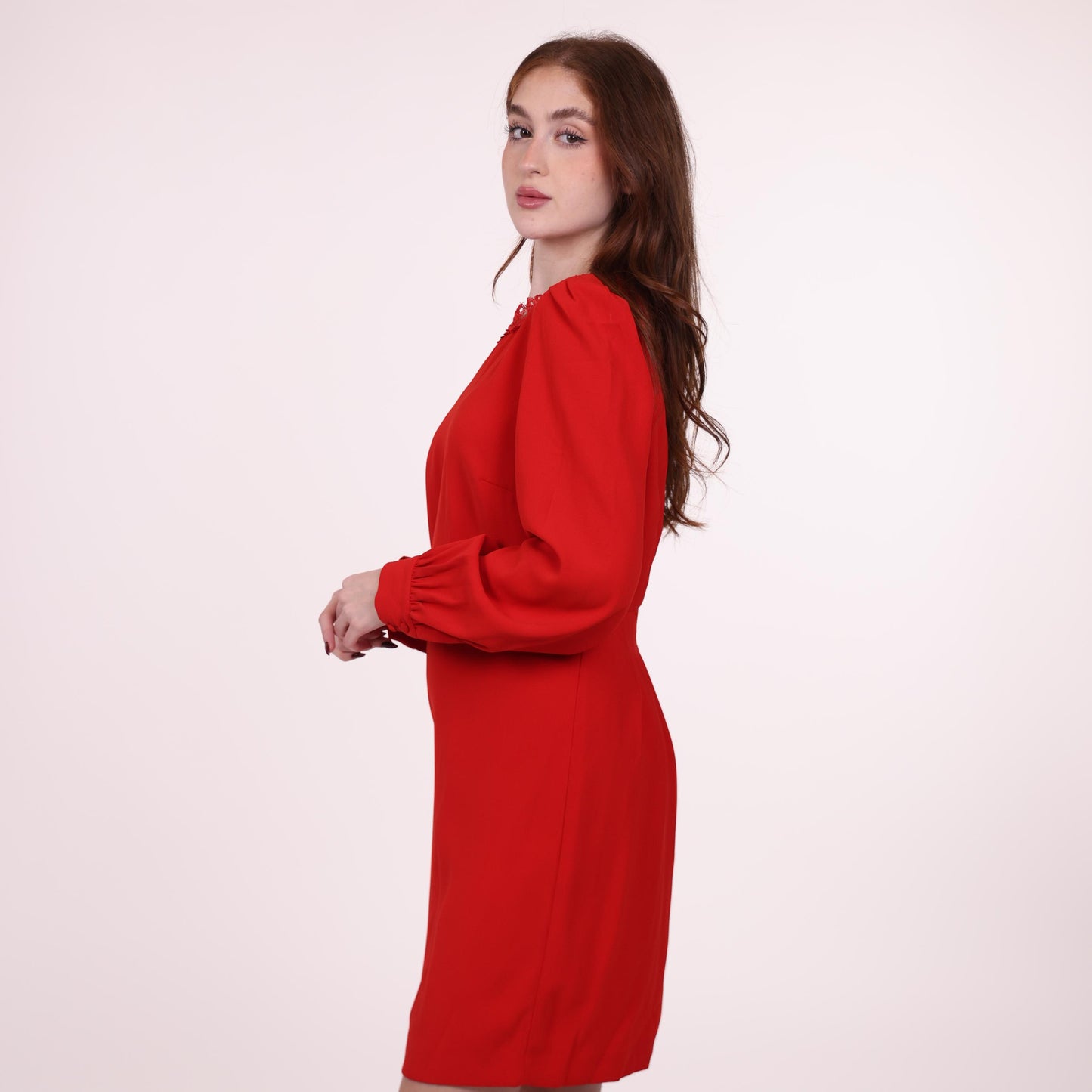 Red Long-Sleeve Dress with Lace Detail