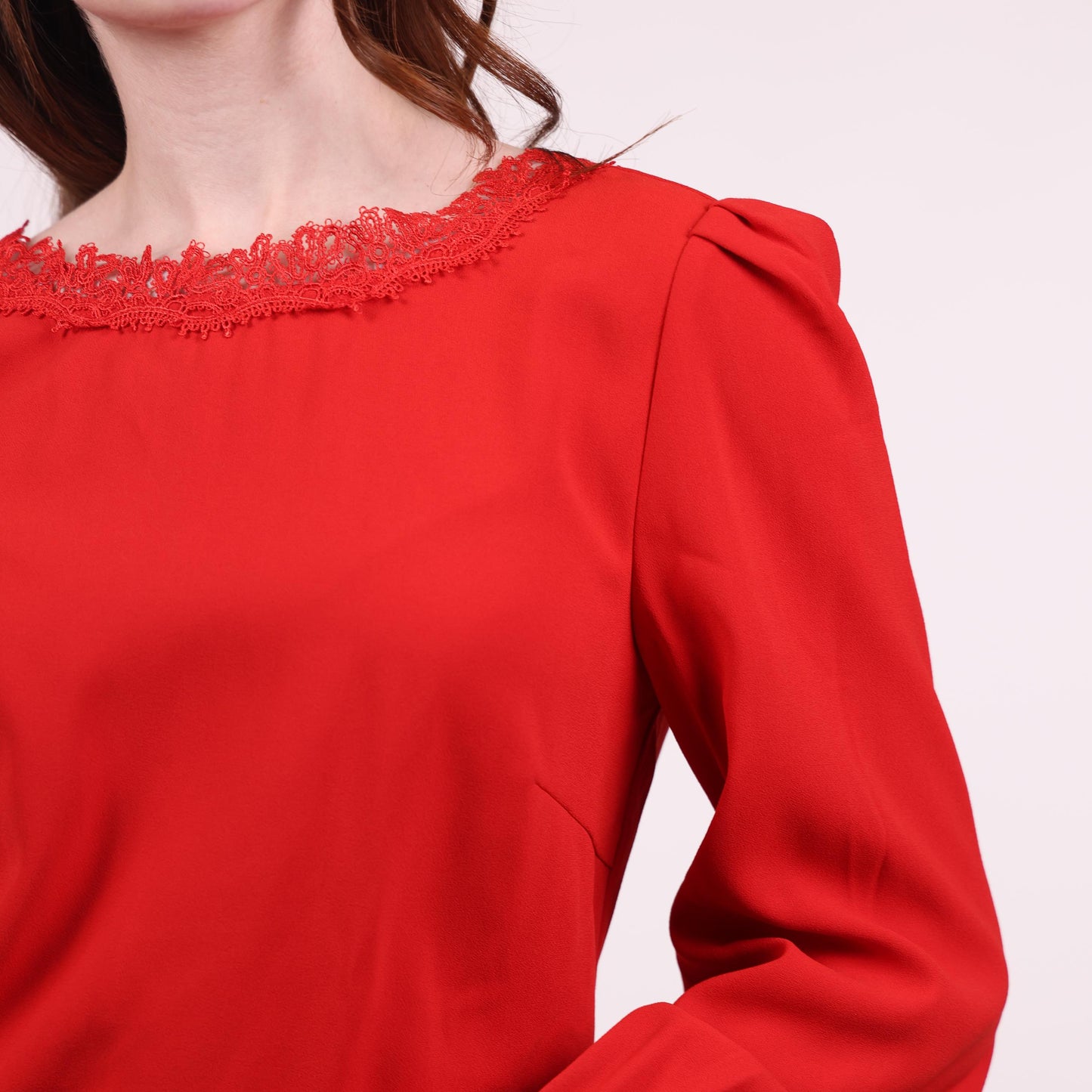 Red Long-Sleeve Dress with Lace Detail