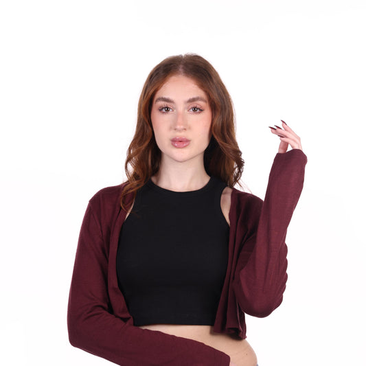 Burgundy Cropped Cardigan with Long Sleeves