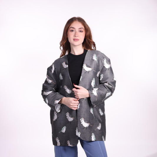 Charcoal Grey Oversized Jacket with Bird Print