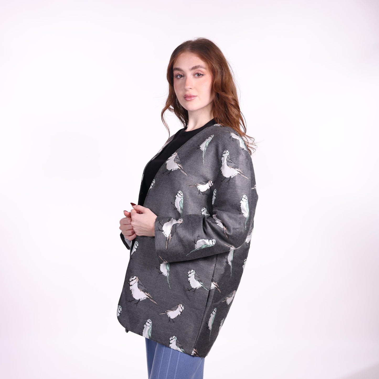 Charcoal Grey Oversized Jacket with Bird Print