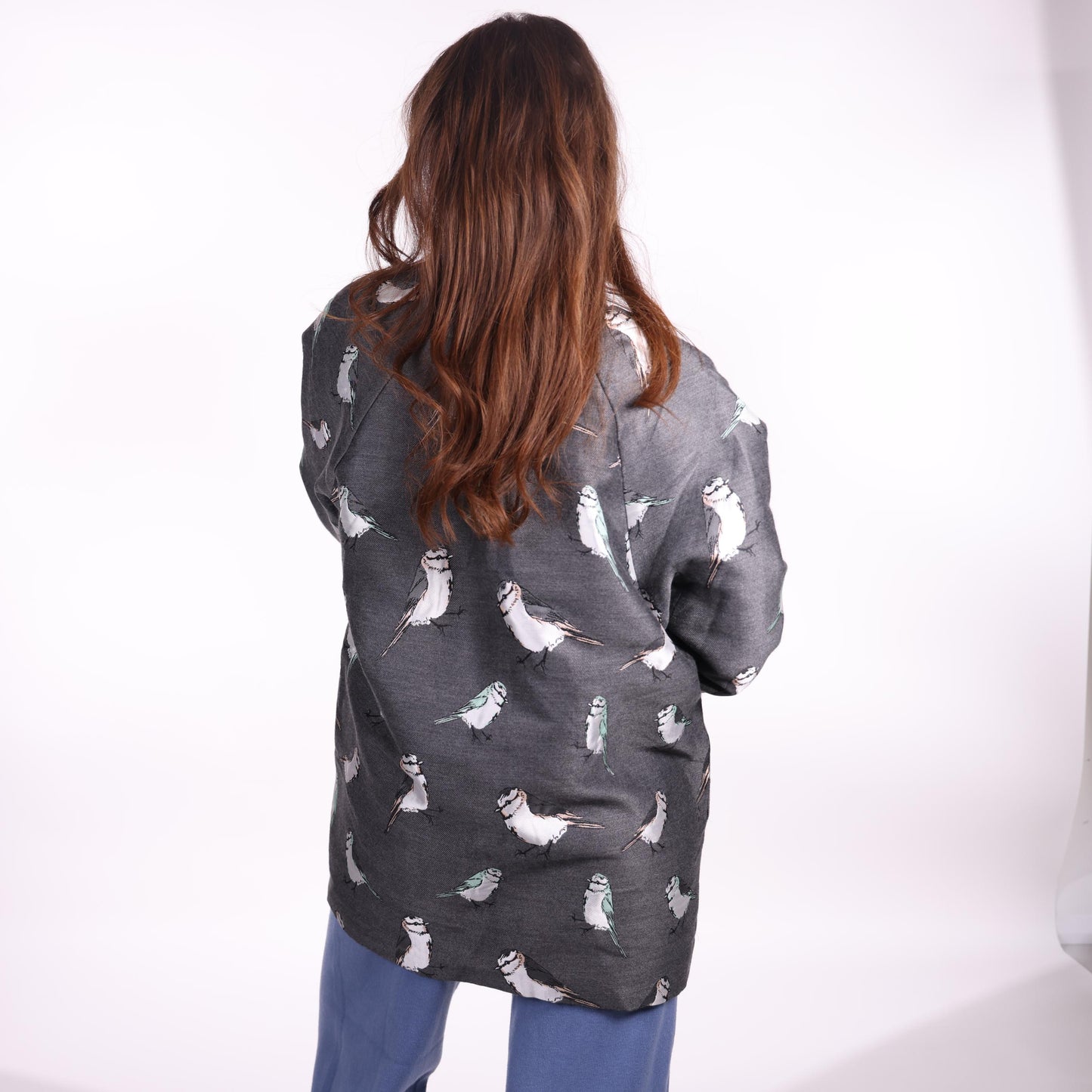 Charcoal Grey Oversized Jacket with Bird Print