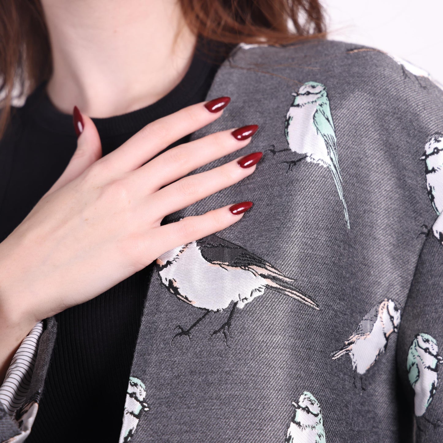 Charcoal Grey Oversized Jacket with Bird Print