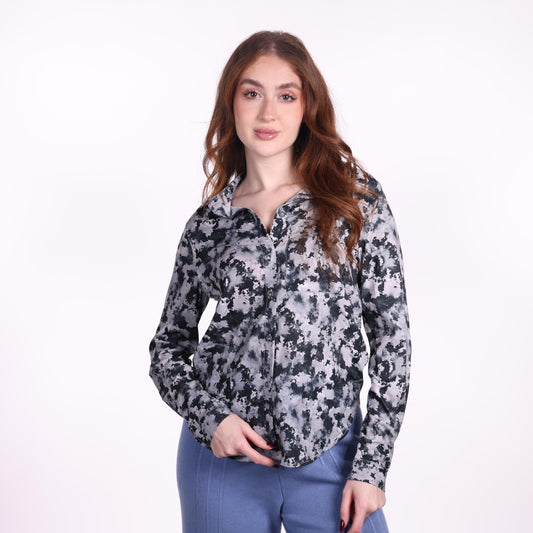 Black and Grey Abstract Print Long-Sleeve Blouse