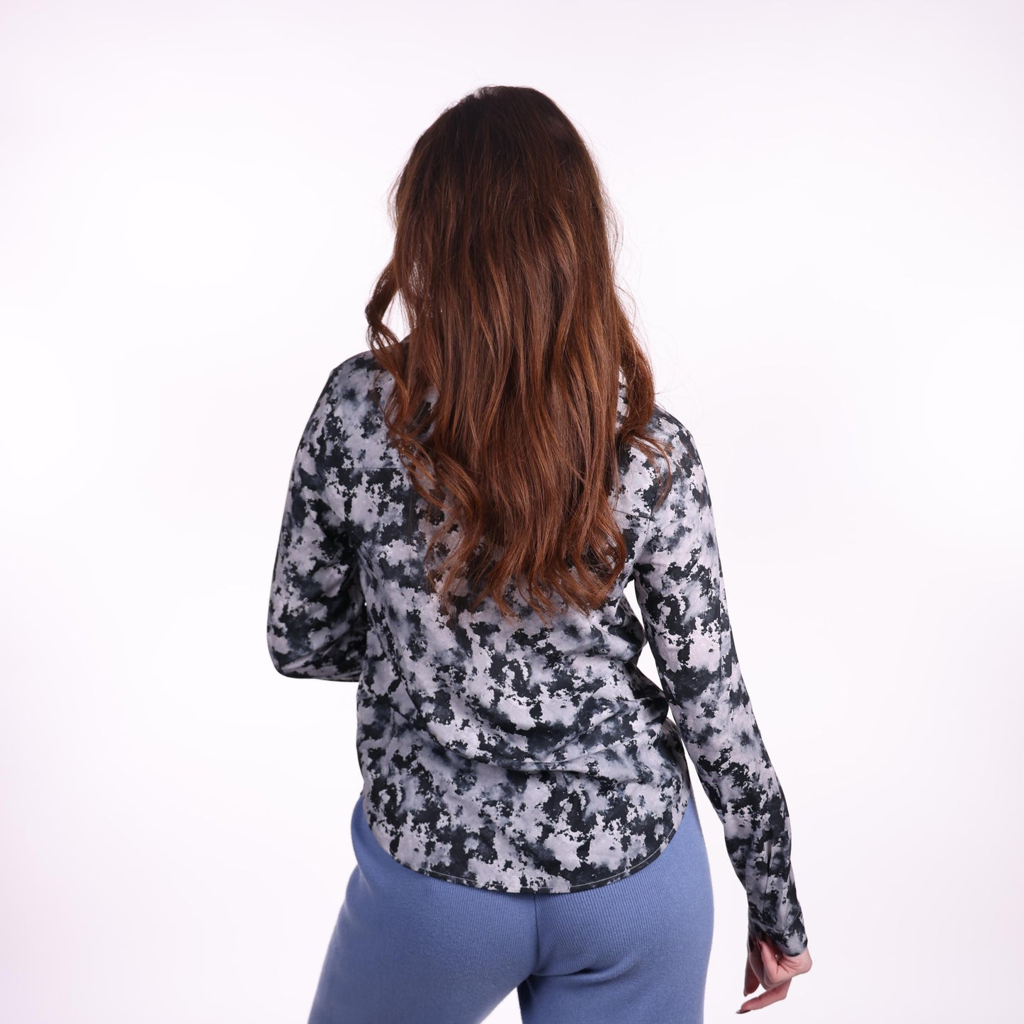 Black and Grey Abstract Print Long-Sleeve Blouse