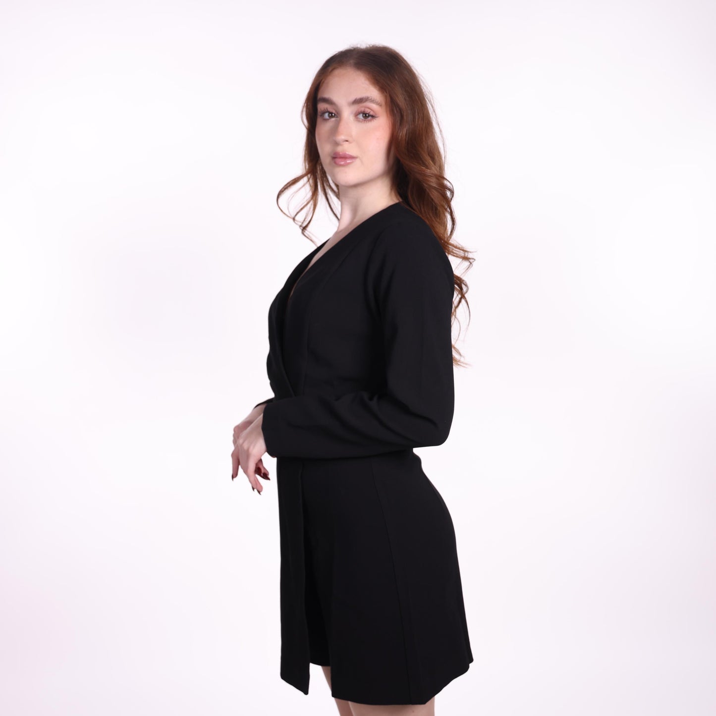 Black Long-Sleeve Wrap Dress with Statement Belt