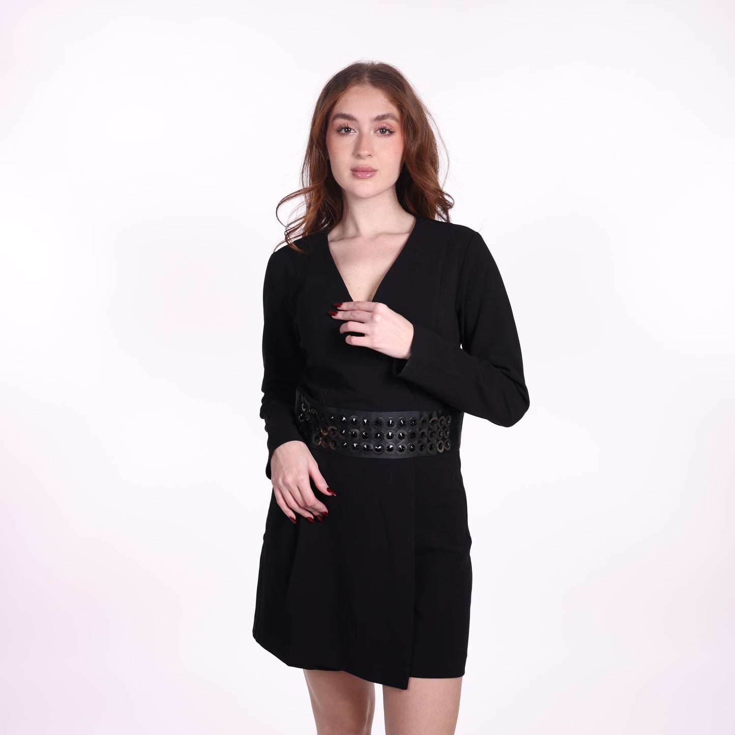 Black Long-Sleeve Wrap Dress with Statement Belt