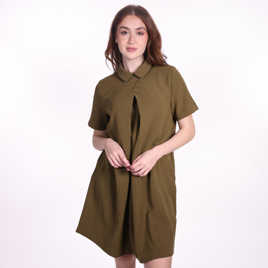 Olive Green Short-Sleeve Pleated Shirt Dress