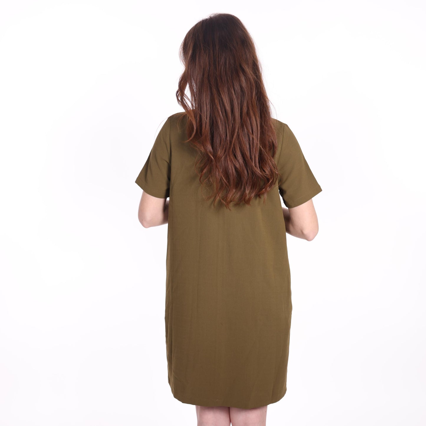 Olive Green Short-Sleeve Pleated Shirt Dress