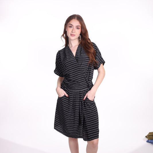 Black Striped Wrap Dress with Short Sleeves