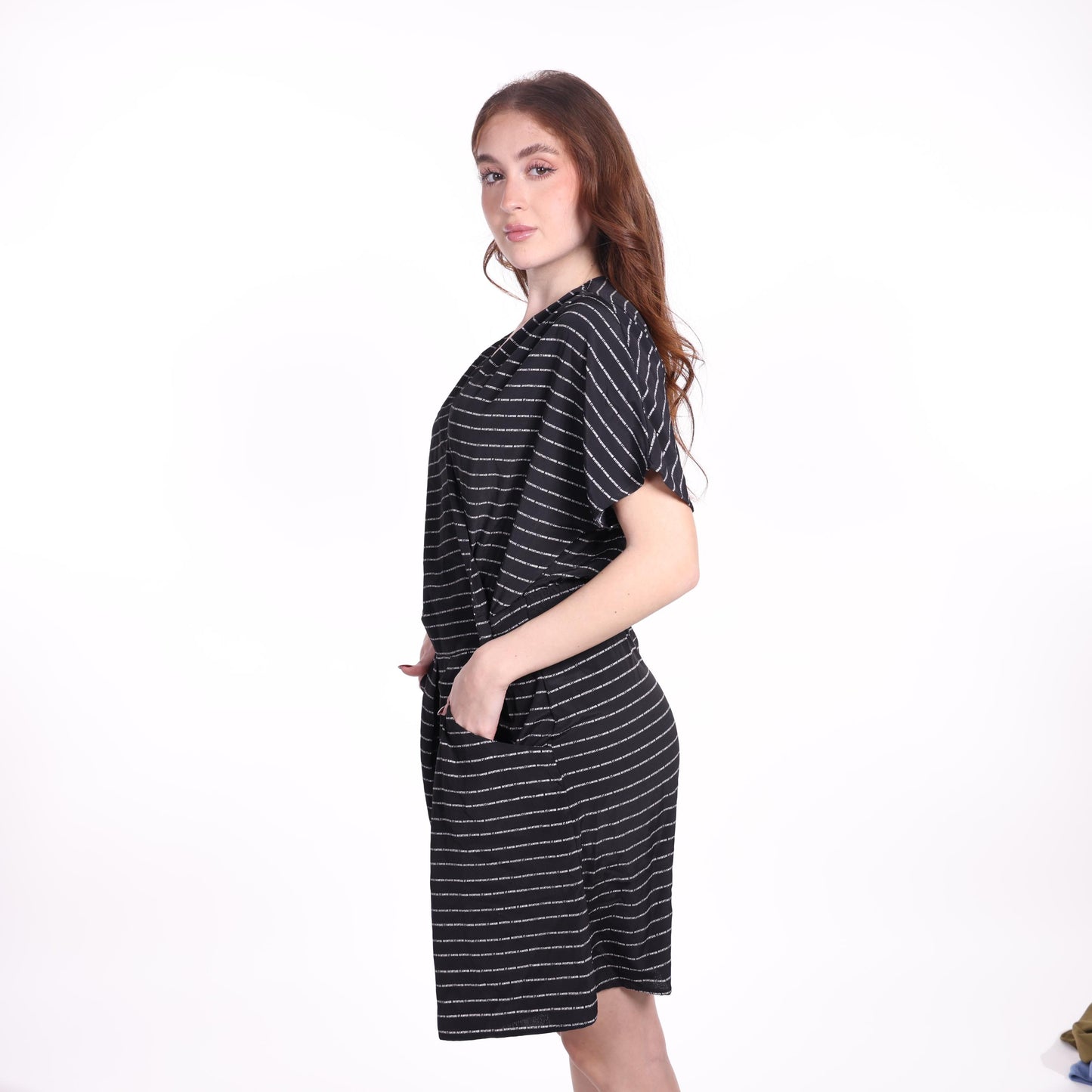 Black Striped Wrap Dress with Short Sleeves