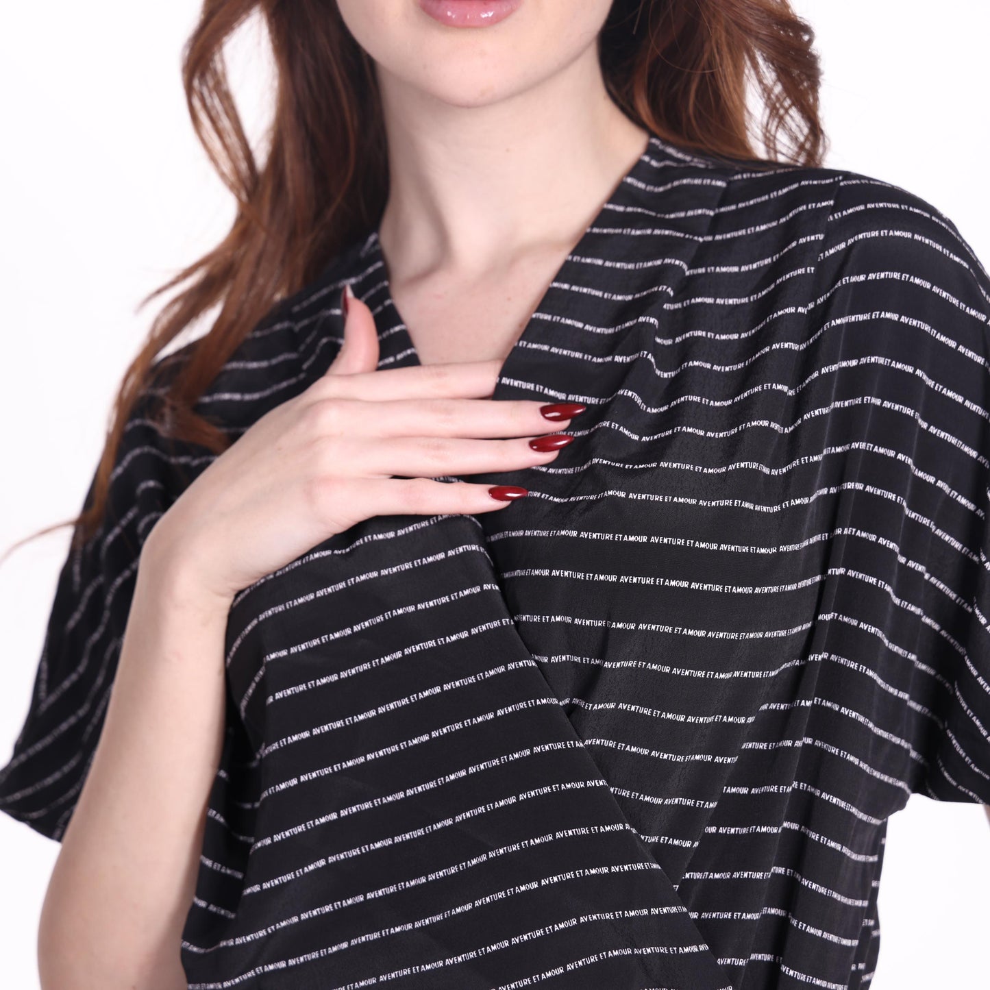 Black Striped Wrap Dress with Short Sleeves