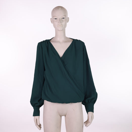 Deep Green Wrap-Front Blouse with Long Sleeves