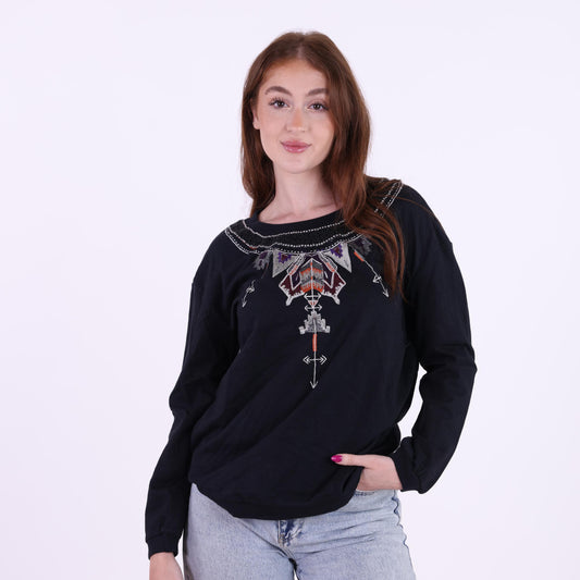 Black Long Sleeve Top with Tribal Embroidery