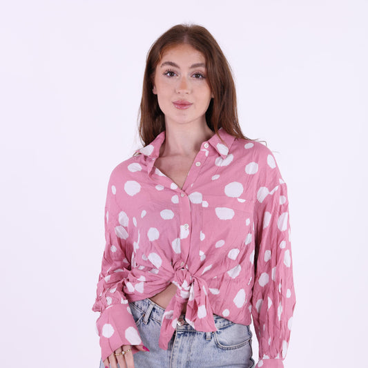 Pink Polka Dot Button-Down Shirt with Front Tie