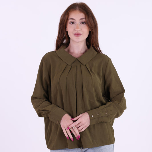 Olive Green Pleated Blouse with Peter Pan Collar