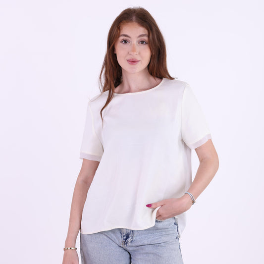 Textured Off-White Short Sleeve Blouse