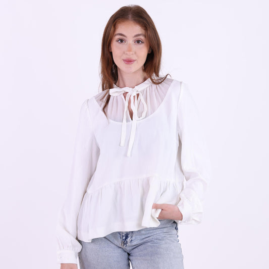 White Sheer Yoke Blouse with Neck Tie