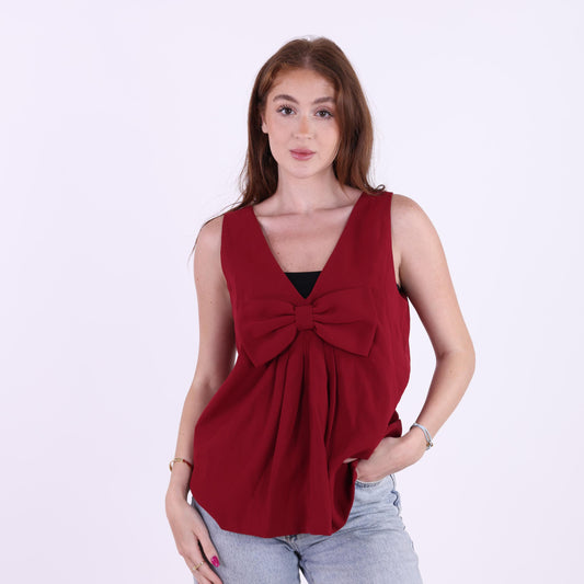 Sleeveless Burgundy Top with Front Bow Detail