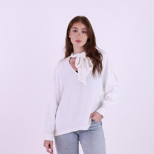 White Tie-Neck Blouse with Long Sleeves