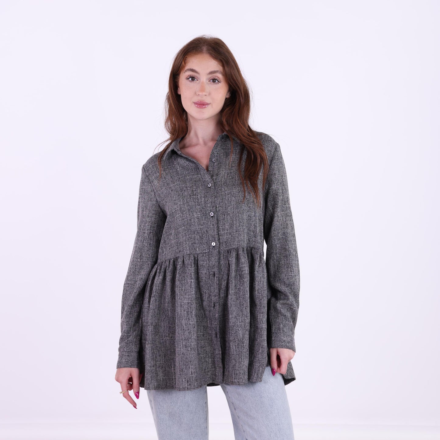 Textured Grey Peplum Shirt Top